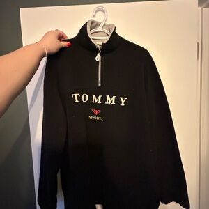 Tommy Hilfiger Black Half-Zip Fleece Pullover with White Logo